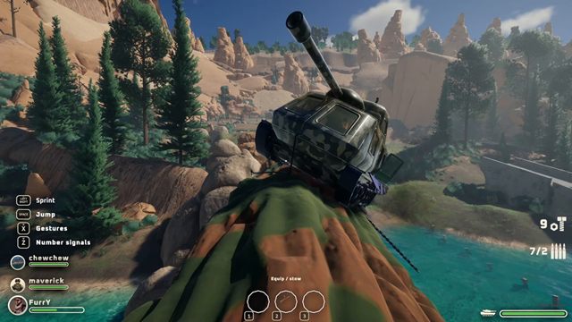 The tank on a slope above a canyon, held by a rope