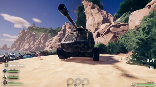 The tank on the coast with rocks and sky